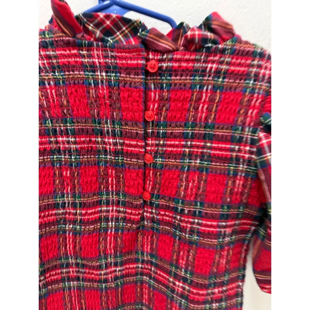Janie and Jack Girls Red Plaid Tartan Smocked Top Puff Sleeve Holiday Size 8
